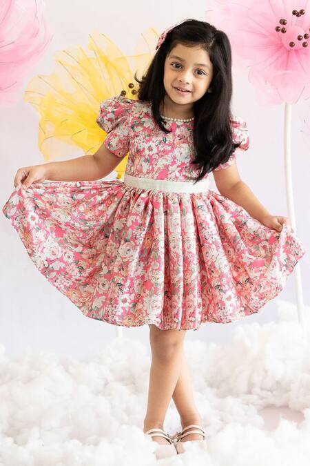 Ruchika Lath Label_Pink Japan Satin Lining Butter Crepe Print Sequins Blossom Dress _Online_at_Aza_Fashions