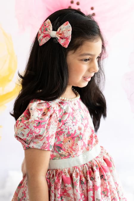 Buy_Ruchika Lath Label_Pink Japan Satin Lining Butter Crepe Print Sequins Blossom Dress _Online_at_Aza_Fashions