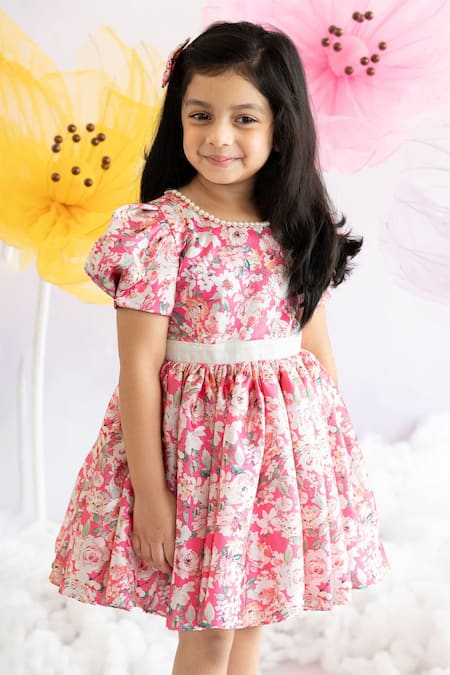 Shop_Ruchika Lath Label_Pink Japan Satin Lining Butter Crepe Print Sequins Blossom Dress _Online_at_Aza_Fashions