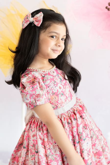 Ruchika Lath Label_Pink Japan Satin Lining Butter Crepe Print Sequins Blossom Dress _at_Aza_Fashions