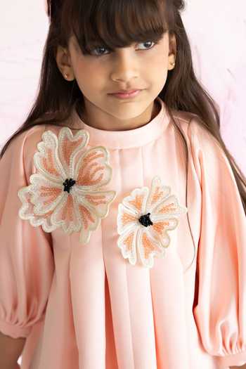 Buy_Ruchika Lath Label_Peach Crystals, Beads 3d Bloom Embellished Pleated Dress _Online_at_Aza_Fashions