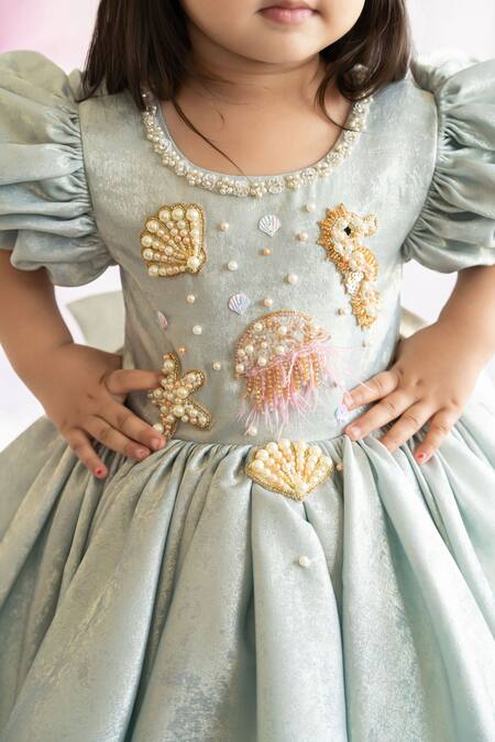 Ruchika Lath Label_Blue Korea Foil Lining Butter Crepe Shimmery Sea Life Embellished Dress _Online_at_Aza_Fashions