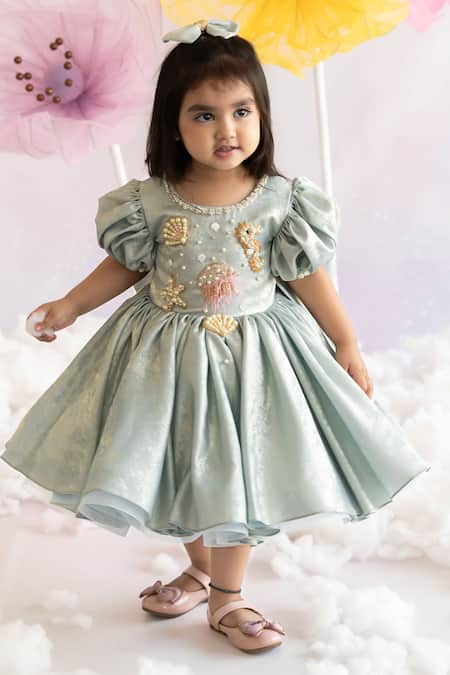 Buy_Ruchika Lath Label_Blue Korea Foil Lining Butter Crepe Shimmery Sea Life Embellished Dress _Online_at_Aza_Fashions