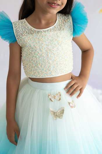 Shop_Ruchika Lath Label_Blue Tulle, Crepe Pearls, Butterfly Embellished Ombre Lehenga With Blouse _Online_at_Aza_Fashions