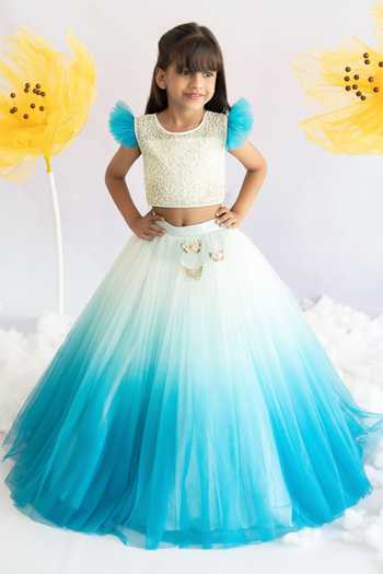 Ruchika Lath Label_Blue Tulle, Crepe Pearls, Butterfly Embellished Ombre Lehenga With Blouse _at_Aza_Fashions