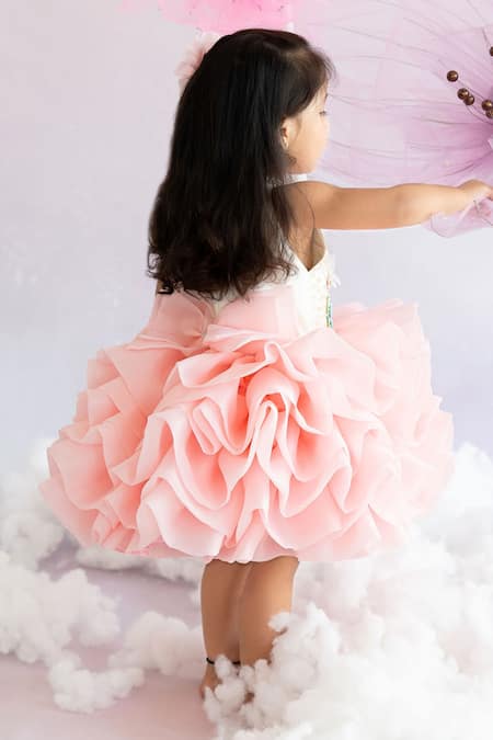 Shop Ruchika Lath Label Pink Organza Pearls, Sequins, Crystals Butterfly Embroidered Ruffled Dress at Aza Fashions Shop_Ruchika Lath Label_Pink Organza Pearls, Sequins, Crystals Butterfly Embroidered Ruffled Dress _at_Aza_Fashions