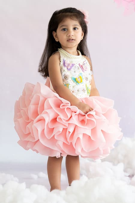 Ruchika Lath Label Pink Organza Pearls, Sequins, Crystals Butterfly Embroidered Ruffled Dress Online at Aza Fashions Ruchika Lath Label_Pink Organza Pearls, Sequins, Crystals Butterfly Embroidered Ruffled Dress _Online_at_Aza_Fashions