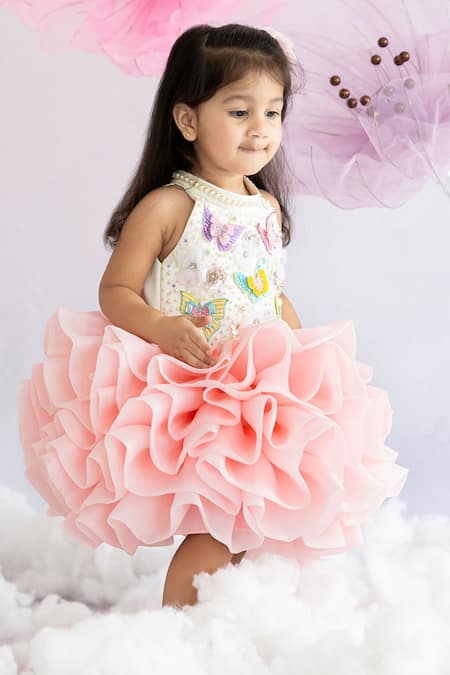 Buy Ruchika Lath Label Pink Organza Pearls, Sequins, Crystals Butterfly Embroidered Ruffled Dress Online at Aza Fashions Buy_Ruchika Lath Label_Pink Organza Pearls, Sequins, Crystals Butterfly Embroidered Ruffled Dress _Online_at_Aza_Fashions