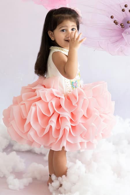 Shop Ruchika Lath Label Pink Organza Pearls, Sequins, Crystals Butterfly Embroidered Ruffled Dress Online at Aza Fashions Shop_Ruchika Lath Label_Pink Organza Pearls, Sequins, Crystals Butterfly Embroidered Ruffled Dress _Online_at_Aza_Fashions