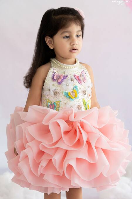 Ruchika Lath Label Pink Organza Pearls, Sequins, Crystals Butterfly Embroidered Ruffled Dress at Aza Fashions Ruchika Lath Label_Pink Organza Pearls, Sequins, Crystals Butterfly Embroidered Ruffled Dress _at_Aza_Fashions