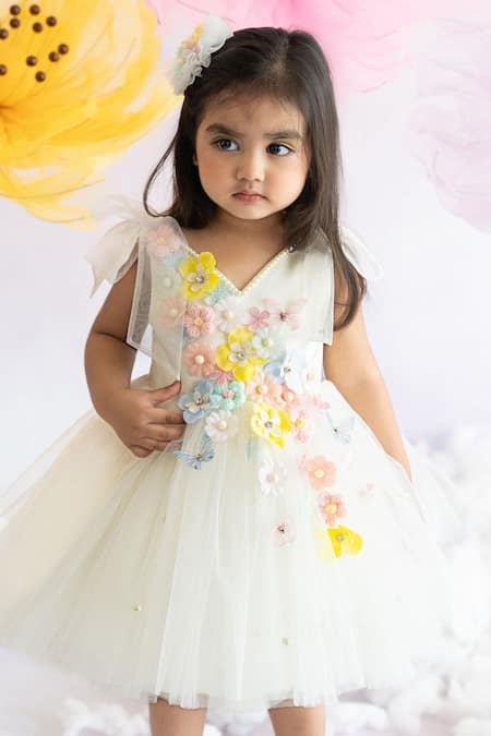 Ruchika Lath Label Off White Pearls, Embroidery 3d Blooming Blossom Embellished Dress Online at Aza Fashions Ruchika Lath Label_Off White Pearls, Embroidery 3d Blooming Blossom Embellished Dress _Online_at_Aza_Fashions