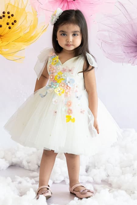 Shop Ruchika Lath Label Off White Pearls, Embroidery 3d Blooming Blossom Embellished Dress Online at Aza Fashions Shop_Ruchika Lath Label_Off White Pearls, Embroidery 3d Blooming Blossom Embellished Dress _Online_at_Aza_Fashions