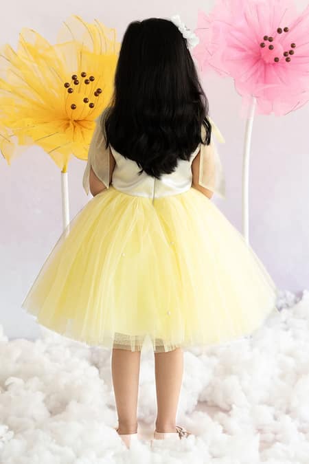 Shop Ruchika Lath Label Yellow Pearls, Fabric Flowers 3d Blossom Embellished Dress at Aza Fashions Shop_Ruchika Lath Label_Yellow Pearls, Fabric Flowers 3d Blossom Embellished Dress _at_Aza_Fashions