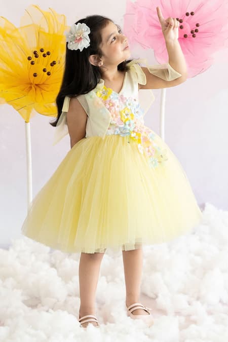 Ruchika Lath Label Yellow Pearls, Fabric Flowers 3d Blossom Embellished Dress Online at Aza Fashions Ruchika Lath Label_Yellow Pearls, Fabric Flowers 3d Blossom Embellished Dress _Online_at_Aza_Fashions