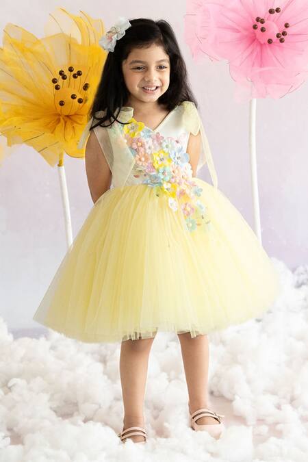 Buy Ruchika Lath Label Yellow Pearls, Fabric Flowers 3d Blossom Embellished Dress Online at Aza Fashions Buy_Ruchika Lath Label_Yellow Pearls, Fabric Flowers 3d Blossom Embellished Dress _Online_at_Aza_Fashions