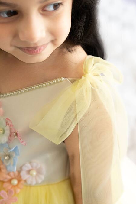 Buy Ruchika Lath Label Yellow Pearls, Fabric Flowers 3d Blossom Embellished Dress Buy_Ruchika Lath Label_Yellow Pearls, Fabric Flowers 3d Blossom Embellished Dress