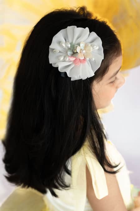 Shop Ruchika Lath Label Yellow Pearls, Fabric Flowers 3d Blossom Embellished Dress Shop_Ruchika Lath Label_Yellow Pearls, Fabric Flowers 3d Blossom Embellished Dress