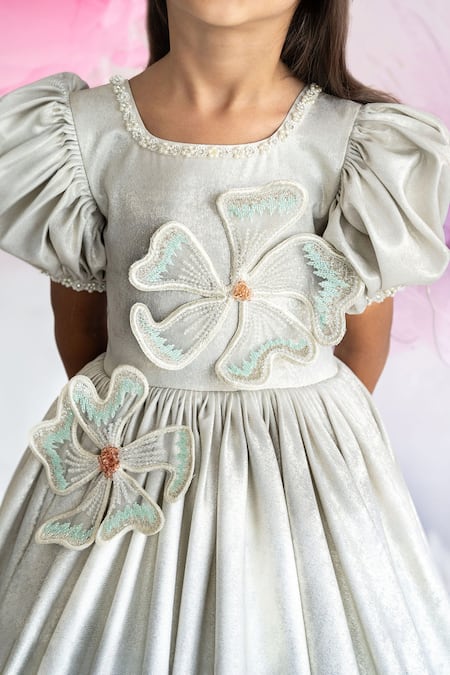 Ruchika Lath Label Silver Korea Foil Embroidery Crystals Enchante 3d Iris Bloom Embellished Gown Online at Aza Fashions Ruchika Lath Label_Silver Korea Foil Embroidery Crystals Enchante 3d Iris Bloom Embellished Gown _Online_at_Aza_Fashions