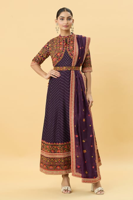 SHRADDHA RAMBHIA Purple Slub Silk Embroidered Kashmiri Mandarin Collar Thread Anarkali Pant Set 