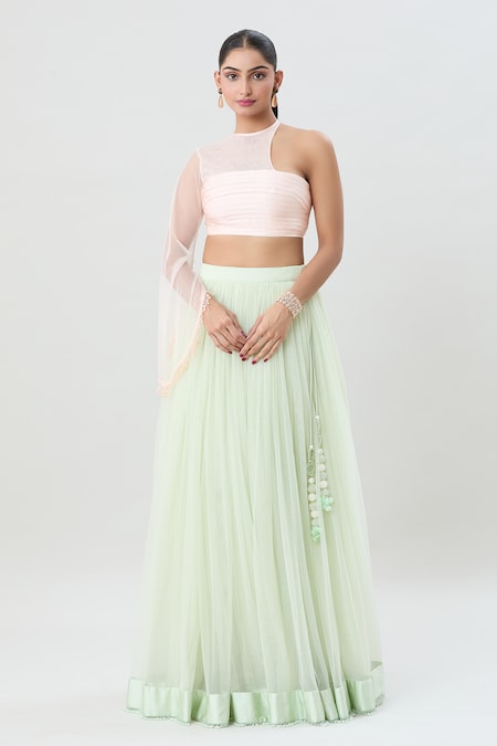 Khwaab by Sanjana Lakhani Green Blouse Satin Zero Neck Net Lehenga And Pleated Set