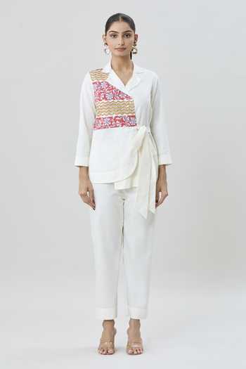 Samyukta Singhania Off White Cotton Satin Embroidery Collared Block Print Wrap Top And Pant Set Online at Aza Fashions Samyukta Singhania_Off White Cotton Satin Embroidery Collared Block Print Wrap Top And Pant Set_Online_at_Aza_Fashions