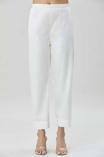 Buy Samyukta Singhania Off White Cotton Satin Embroidery Collared Block Print Wrap Top And Pant Set Online at Aza Fashions Buy_Samyukta Singhania_Off White Cotton Satin Embroidery Collared Block Print Wrap Top And Pant Set_Online_at_Aza_Fashions