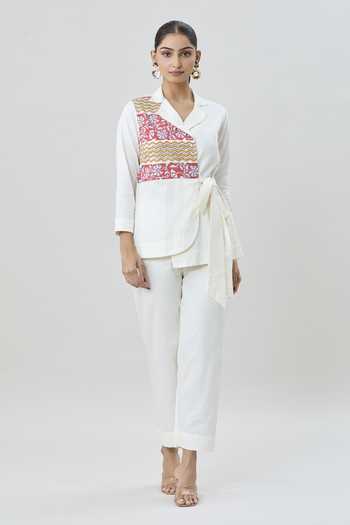 Shop Samyukta Singhania Off White Cotton Satin Embroidery Collared Block Print Wrap Top And Pant Set Online at Aza Fashions Shop_Samyukta Singhania_Off White Cotton Satin Embroidery Collared Block Print Wrap Top And Pant Set_Online_at_Aza_Fashions