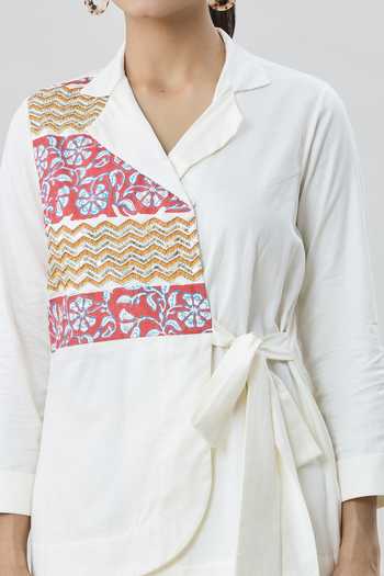Samyukta Singhania Off White Cotton Satin Embroidery Collared Block Print Wrap Top And Pant Set at Aza Fashions Samyukta Singhania_Off White Cotton Satin Embroidery Collared Block Print Wrap Top And Pant Set_at_Aza_Fashions