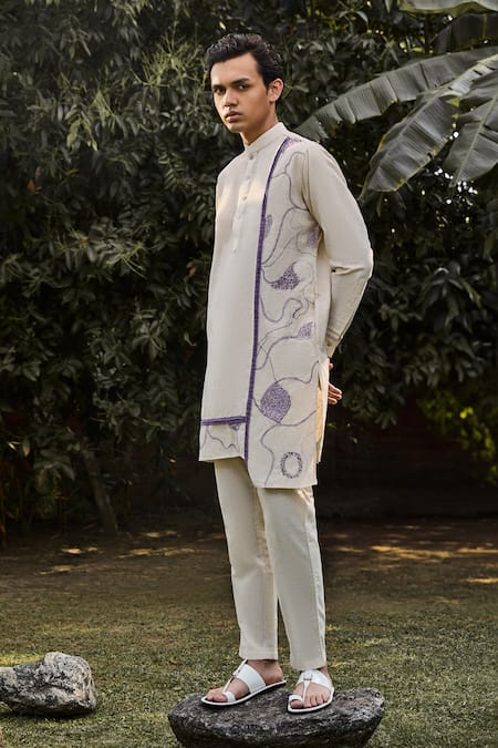 Shop_Vaani Beswal_Ivory Handloom Cotton Embroidery, Cut Work Aridian Kantha Kurta _at_Aza_Fashions