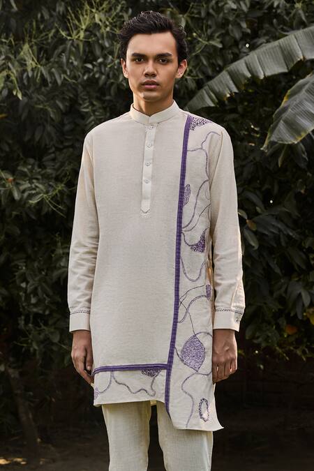 Vaani Beswal_Ivory Handloom Cotton Embroidery, Cut Work Aridian Kantha Kurta _Online_at_Aza_Fashions