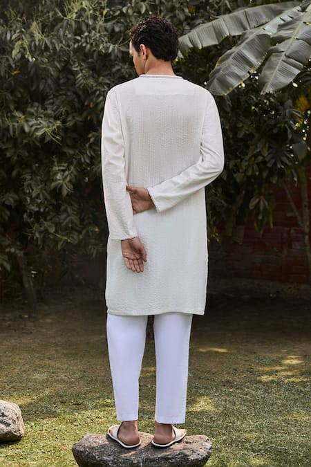 Shop_Vaani Beswal_Ivory Cotton Embroidery Aqua Overlap Panel Kurta _at_Aza_Fashions