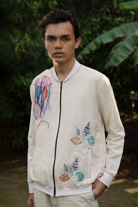 Shop_Vaani Beswal_Ivory Handloom Cotton Embroidered Thread Azure Marine Handpainted Bomber Jacket _at_Aza_Fashions