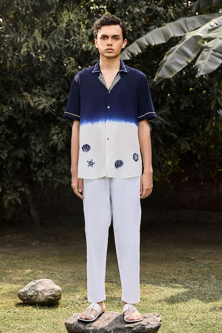 Vaani Beswal_Ivory Cotton Silk Embroidered Thread Ben Marine Shaded Shirt _Online_at_Aza_Fashions