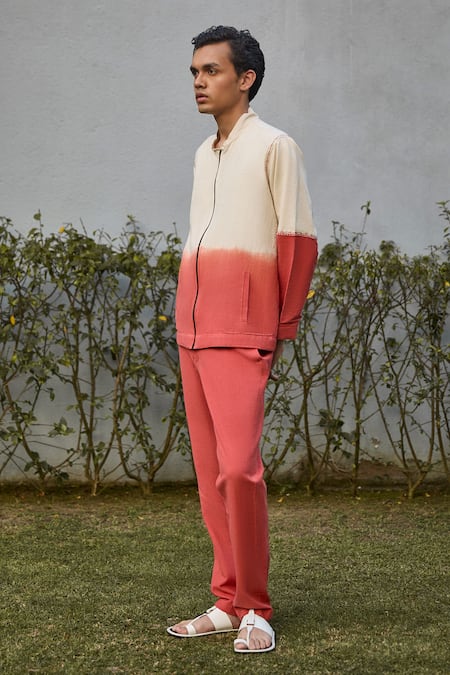 Shop Vaani Beswal Ivory Handloom Cotton Threadwork Brooks Shaded Bomber Jacket at Aza Fashions Shop_Vaani Beswal_Ivory Handloom Cotton Threadwork Brooks Shaded Bomber Jacket _at_Aza_Fashions