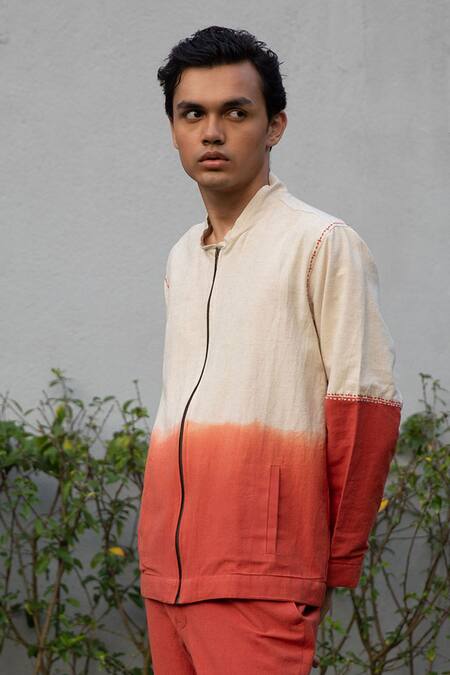 Vaani Beswal Ivory Handloom Cotton Threadwork Brooks Shaded Bomber Jacket Online at Aza Fashions Vaani Beswal_Ivory Handloom Cotton Threadwork Brooks Shaded Bomber Jacket _Online_at_Aza_Fashions