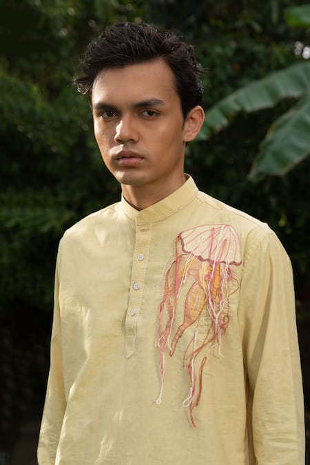 Shop_Vaani Beswal_Yellow Cotton Embroidery Jellyfish Thread Kurta _at_Aza_Fashions