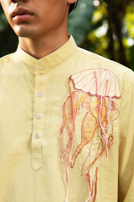 Vaani Beswal_Yellow Cotton Embroidery Jellyfish Thread Kurta _Online_at_Aza_Fashions