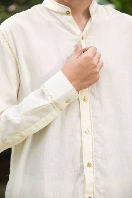 Vaani Beswal_Ivory Cotton Threadwork Orion Placement Shirt _Online_at_Aza_Fashions