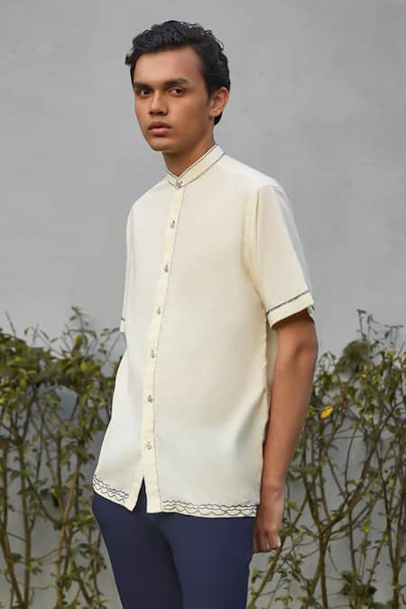 Shop Vaani Beswal Ivory Cotton Embroidery Pyro Placed Threadwork Shirt at Aza Fashions Shop_Vaani Beswal_Ivory Cotton Embroidery Pyro Placed Threadwork Shirt _at_Aza_Fashions