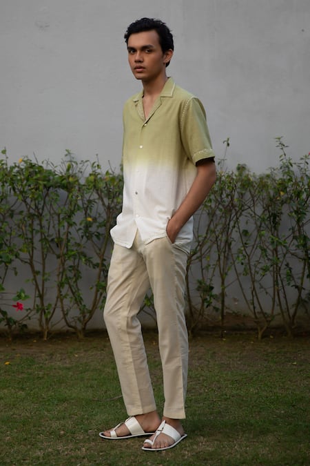 Shop_Vaani Beswal_Ivory Cotton, Silk Embroidery Terra Shaded Shirt _at_Aza_Fashions