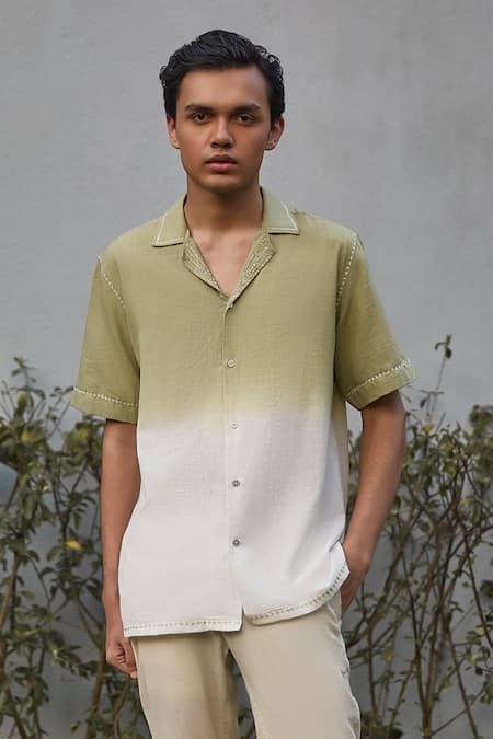 Vaani Beswal_Ivory Cotton, Silk Embroidery Terra Shaded Shirt _Online_at_Aza_Fashions