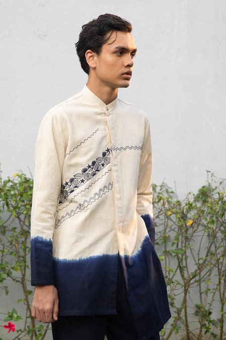 Vaani Beswal Ivory Handloom Cotton Embroidery Zian Shaded Asymmetric Kurta Online at Aza Fashions Vaani Beswal_Ivory Handloom Cotton Embroidery Zian Shaded Asymmetric Kurta _Online_at_Aza_Fashions