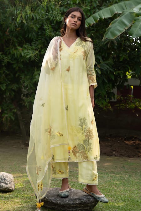 Vaani Beswal_Yellow Cotton, Silk, Handloom Cotton, Organza Kai Hand Kurta Trouser Set _Online_at_Aza_Fashions