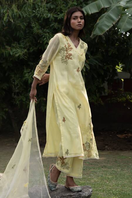 Buy_Vaani Beswal_Yellow Cotton, Silk, Handloom Cotton, Organza Kai Hand Kurta Trouser Set _Online_at_Aza_Fashions
