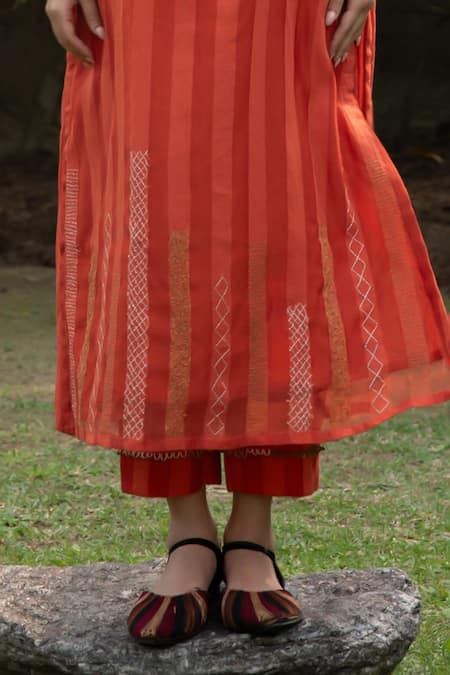 Shop_Vaani Beswal_Red Handloom Cotton, Silk, Chanderi Embroidery Round Lana Kurta Trouser Set _Online_at_Aza_Fashions