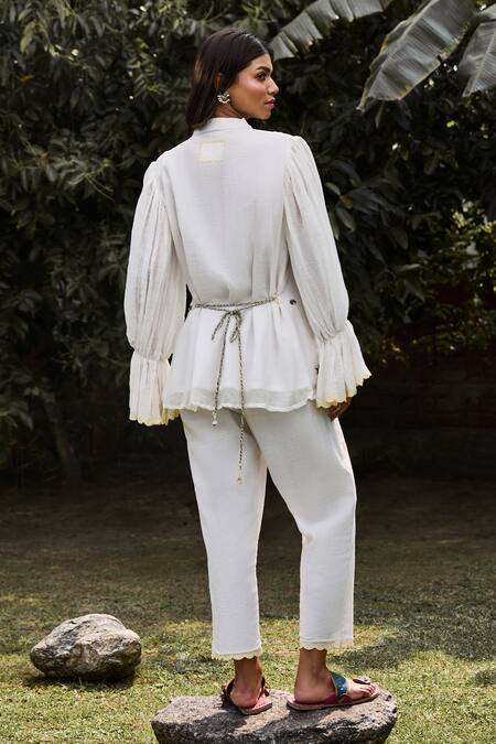 Shop_Vaani Beswal_Ivory Handwoven Chanderi Applique Hand Embroidered Marsh Shirt And Trouser Set _at_Aza_Fashions