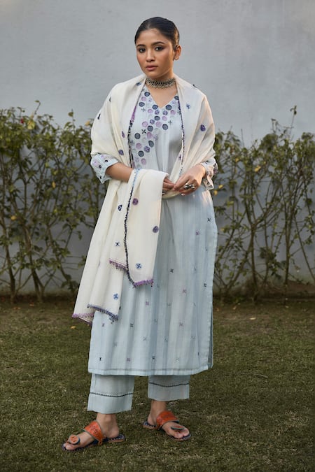 Vaani Beswal Blue Kurta And Trouser Handwoven Stripe Cotton Silk Applique Hand Misu Set