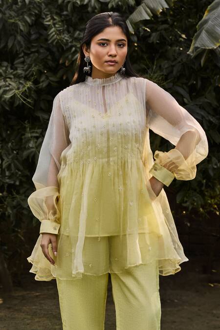 Shop Vaani Beswal Yellow Handloom , Embroidery Round Neck Rio Tunic Set at Aza Fashions Shop_Vaani Beswal_Yellow Handloom , Embroidery Round Neck Rio Tunic Set _at_Aza_Fashions