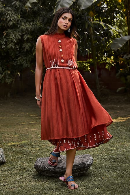 Vaani Beswal Red Dress Handwoven Stripe Cotton Solid Ruffled Shore Pleated A-line With Belt