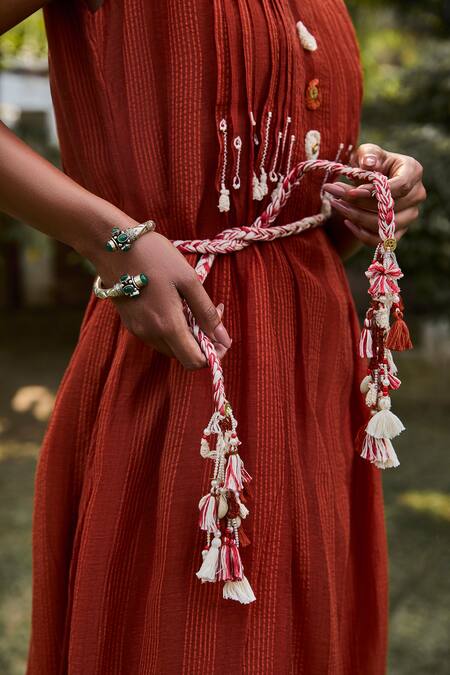 Vaani Beswal_Red Handloom Cotton, Silk Tassels Round Shore Pleated A-line Dress With Belt _Online_at_Aza_Fashions